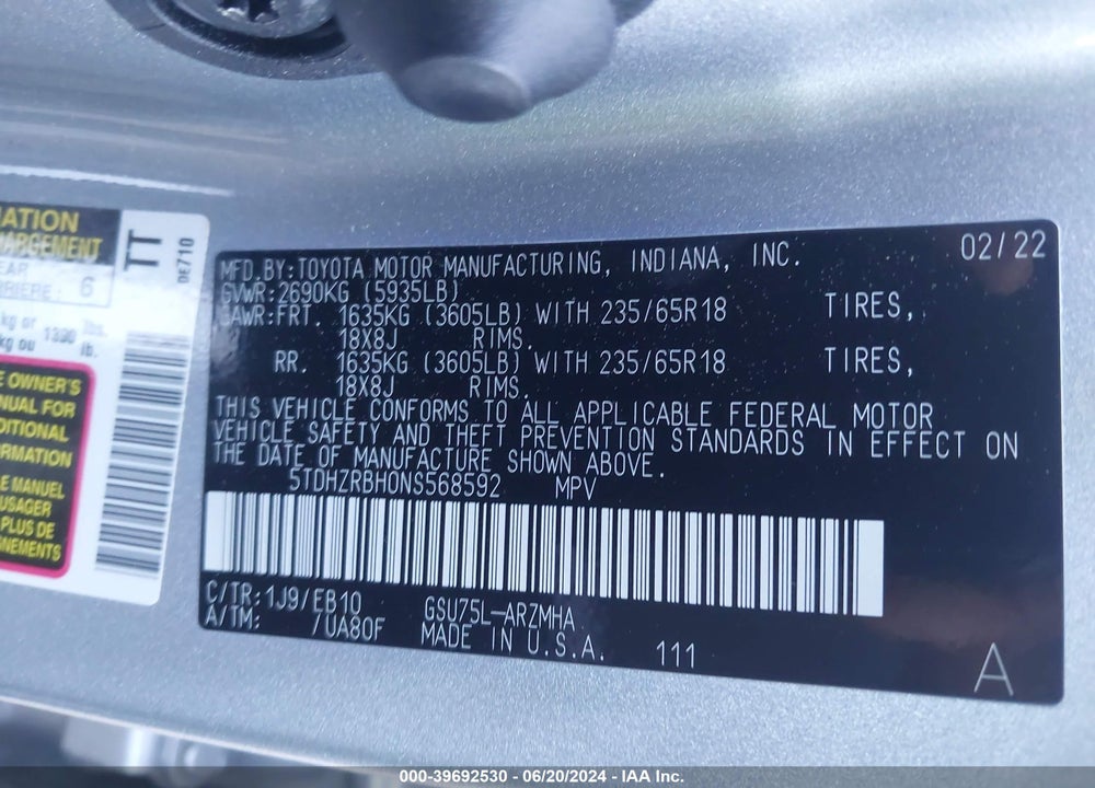 2022 TOYOTA HIGHLANDER XLE VIN: 5TDHZRBH0NS568592