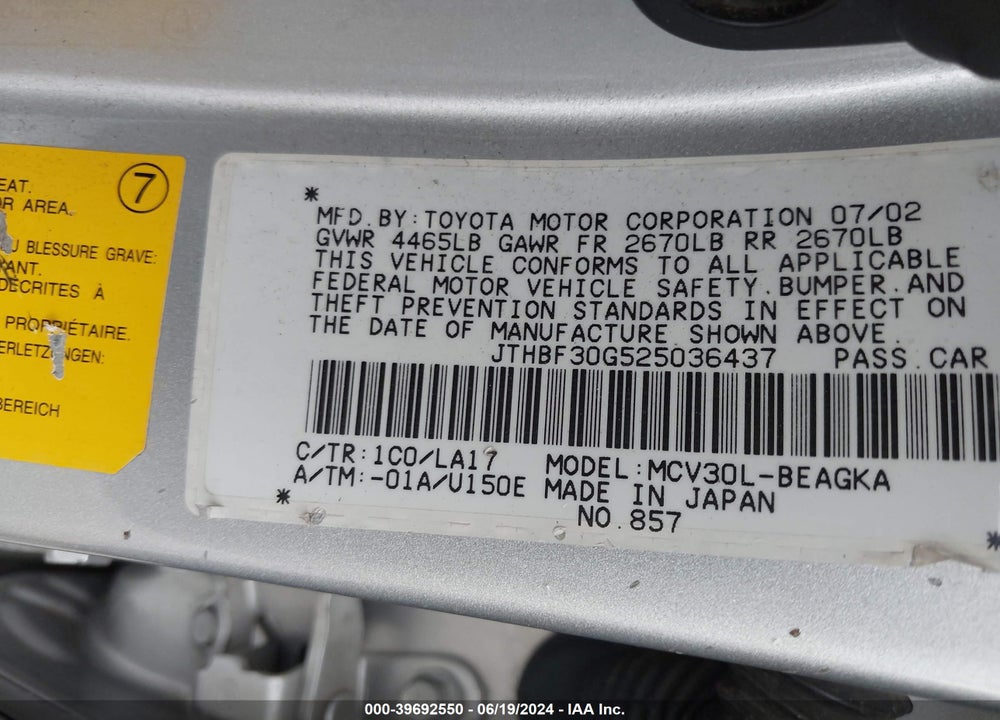 2002 LEXUS ES 300 VIN: JTHBF30G525036437