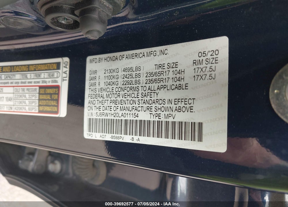 2020 HONDA CR-V 2WD LX VIN: 5J6RW1H20LA011154