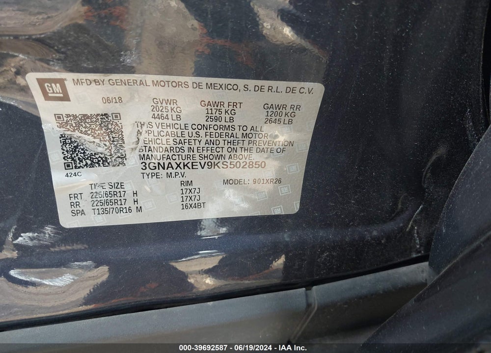 2019 CHEVROLET EQUINOX LT VIN: 3GNAXKEV9KS502850