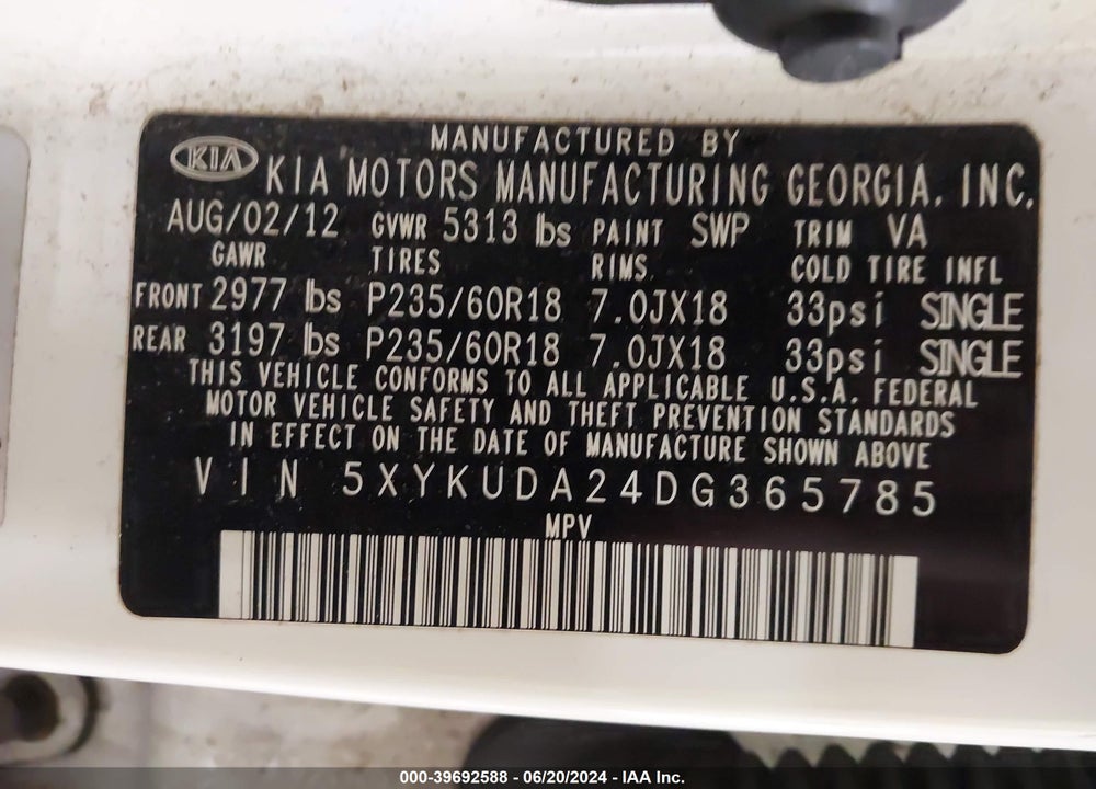 2013 KIA SORENTO EX V6 VIN: 5XYKUDA24DG365785