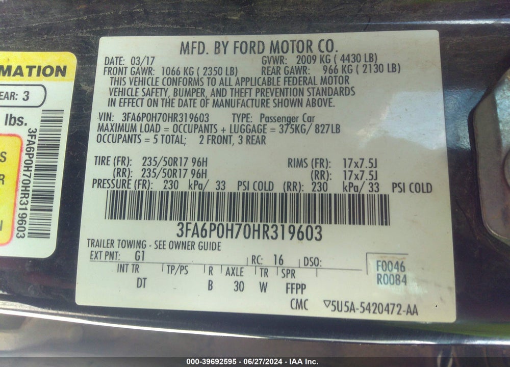 2017 FORD FUSION SE VIN: 3FA6P0H70HR319603
