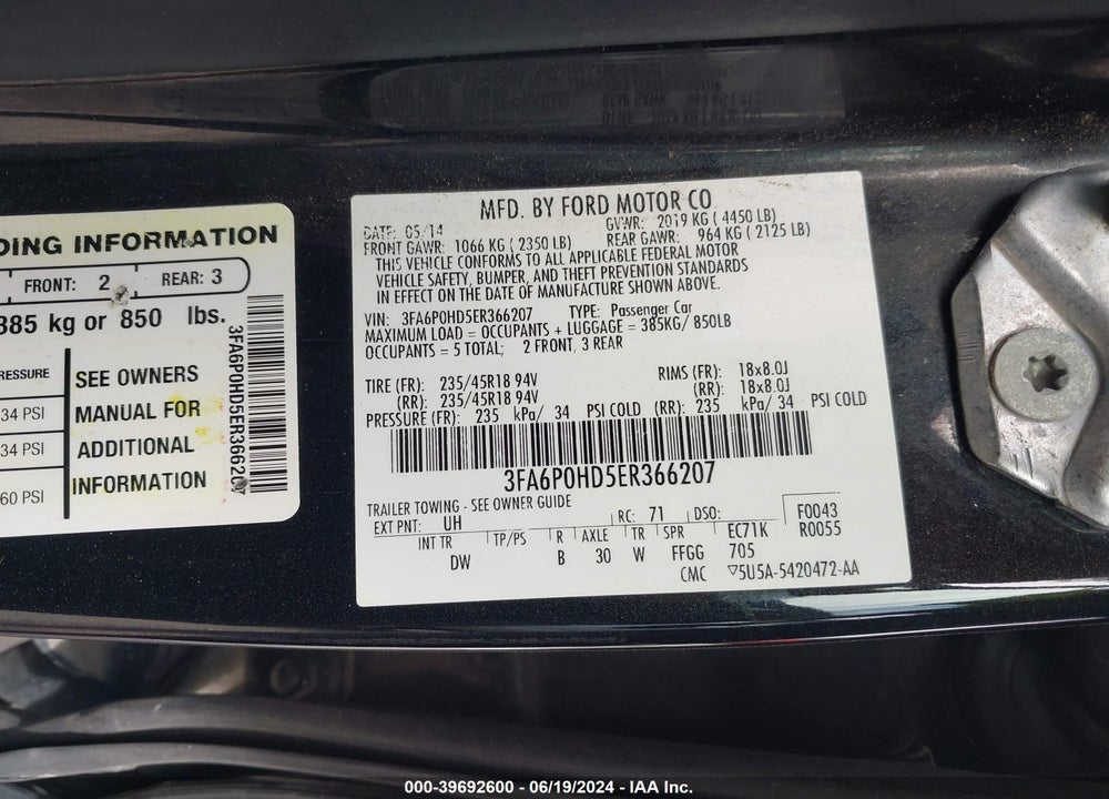 2014 FORD FUSION SE VIN: 3FA6P0HD5ER366207