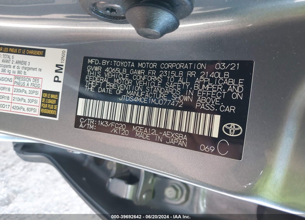 2021 TOYOTA COROLLA VIN: JTDS4MCE1MJ077472