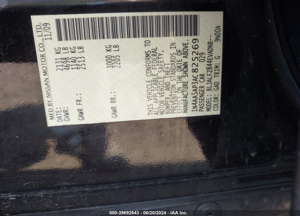2010 NISSAN MAXIMA 3.5 SV VIN: 1N4AA5AP3AC825269