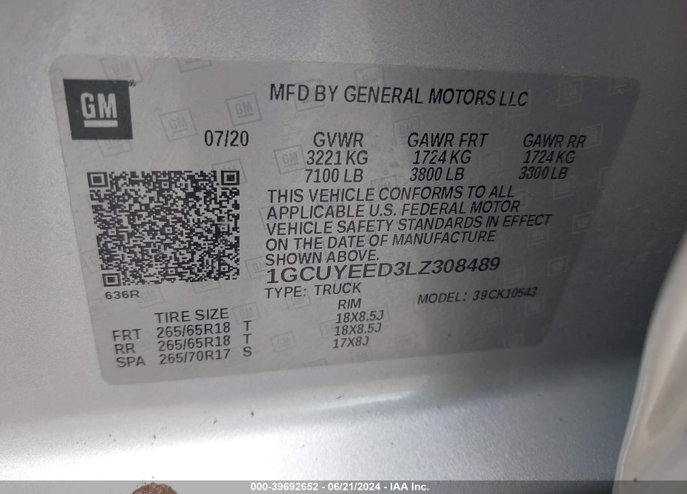 2020 CHEVROLET SILVERADO 1500 VIN: 1GCUYEED3LZ308489