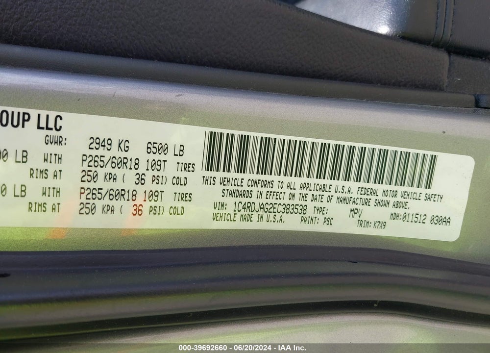 2014 DODGE DURANGO SXT VIN: 1C4RDJAG2EC383538