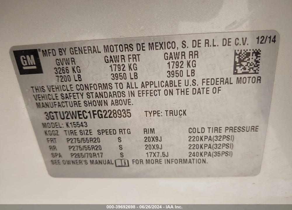 2015 GMC SIERRA 1500 DENALI VIN: 3GTU2WEC1FG228935