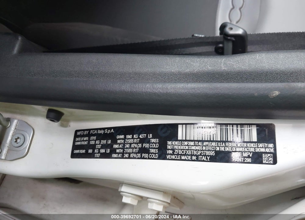 2016 FIAT 500X EASY VIN: ZFBCFXBT8GP378695