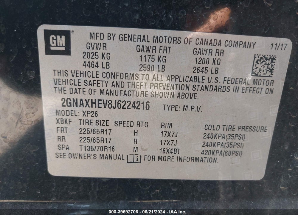 2018 CHEVROLET EQUINOX LS VIN: 2GNAXHEV8J6224216