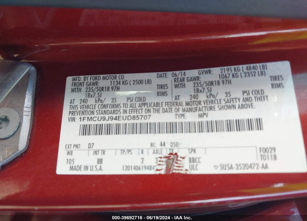 2014 FORD ESCAPE TITANIUM VIN: 1FMCU9J94EUD85707