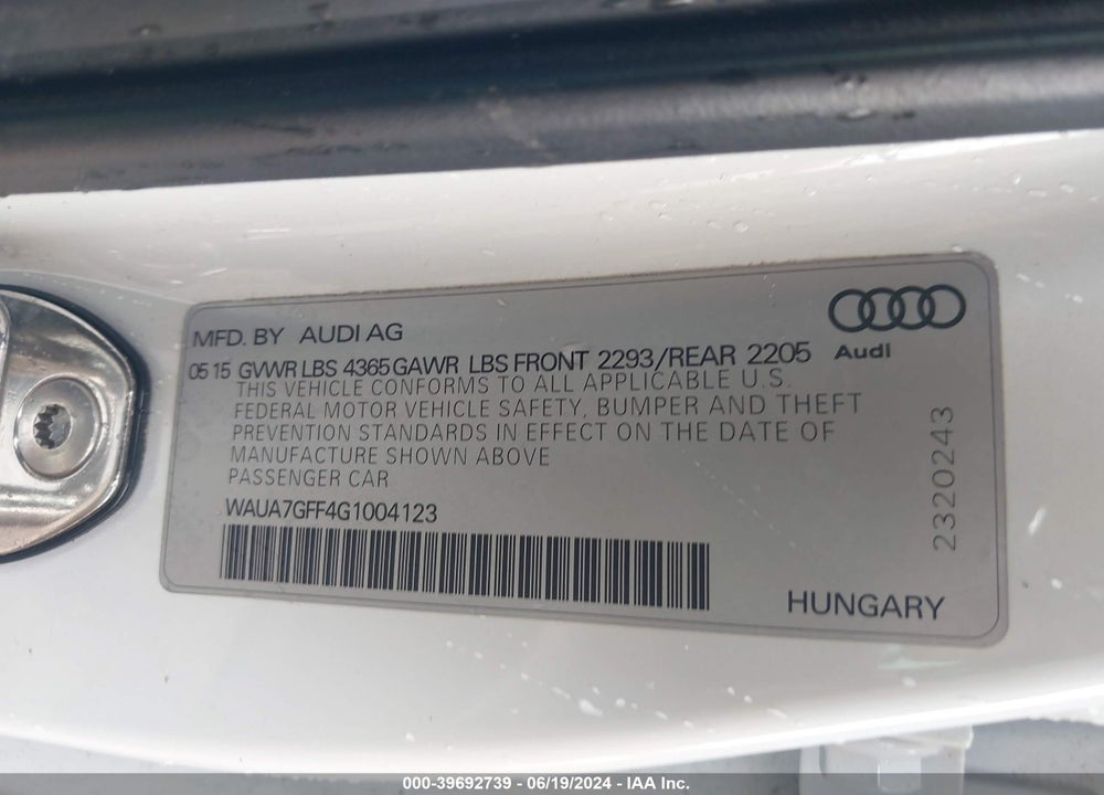 2016 AUDI A3 VIN: WAUA7GFF4G1004123