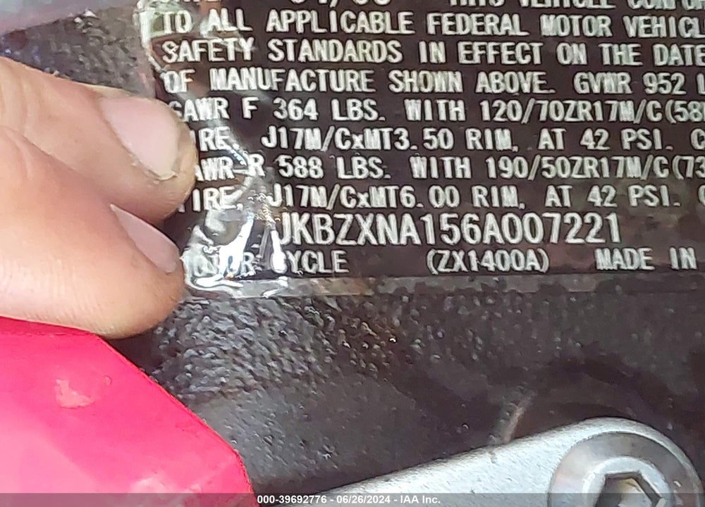 2006 KAWASAKI ZX1400 A VIN: JKBZXNA156A007221