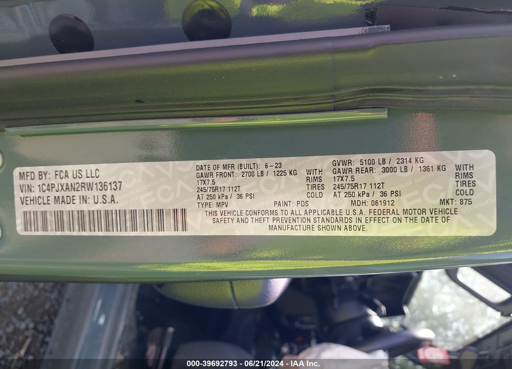 2024 JEEP WRANGLER SPORT VIN: 1C4PJXAN2RW136137