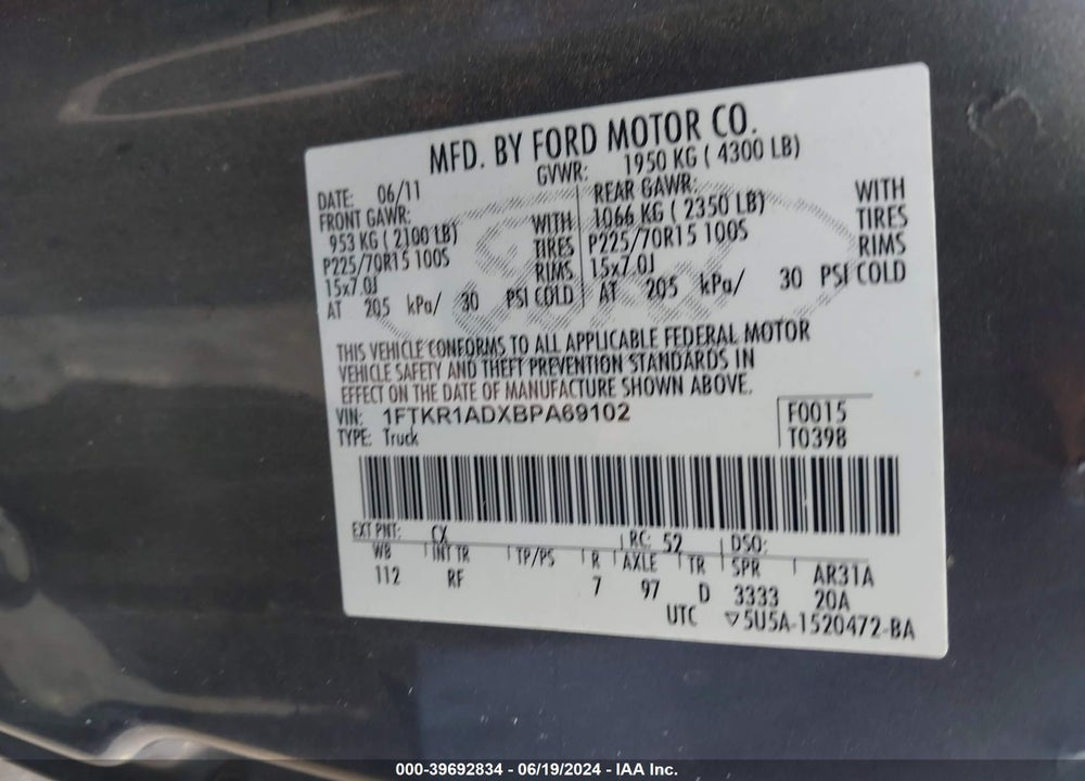 2011 FORD RANGER XL VIN: 1FTKR1ADXBPA69102