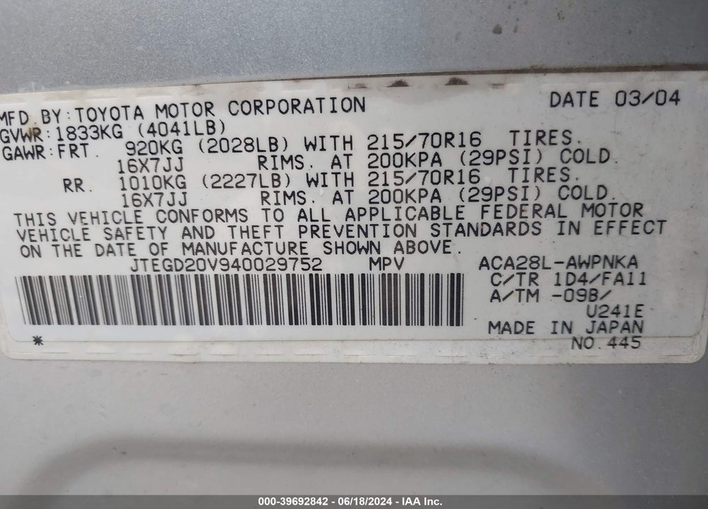 2004 TOYOTA RAV4 VIN: JTEGD20V940029752