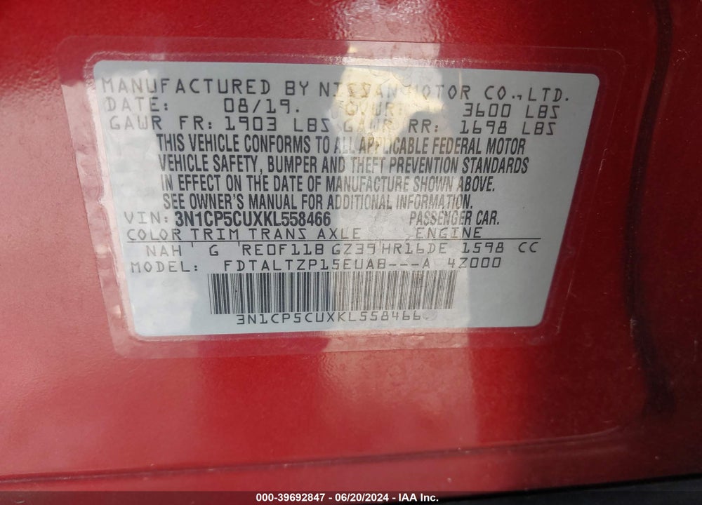2019 NISSAN KICKS SR VIN: 3N1CP5CUXKL558466