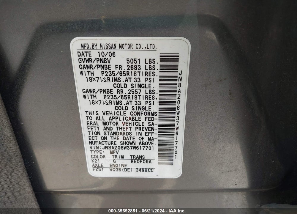 2007 NISSAN MURANO SL VIN: JN8AZ08W37W617701