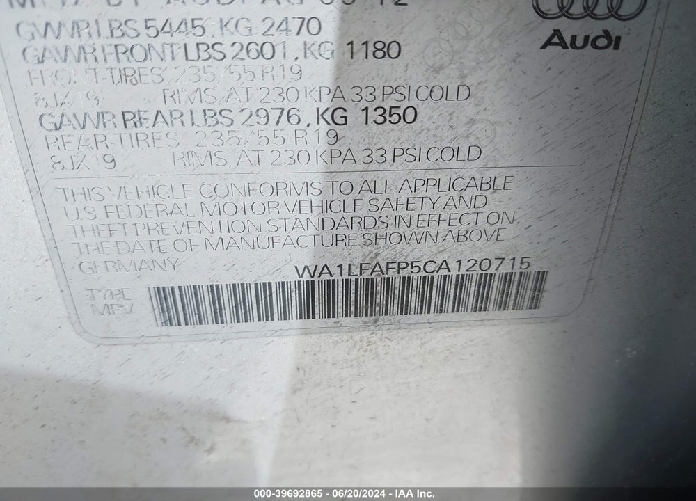 2012 AUDI Q5 2.0T PREMIUM VIN: WA1LFAFP5CA120715