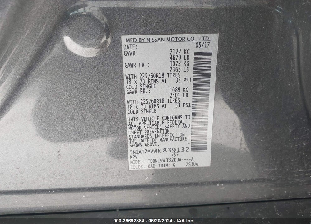 2017 NISSAN ROGUE VIN: 5N1AT2MV9HC839132