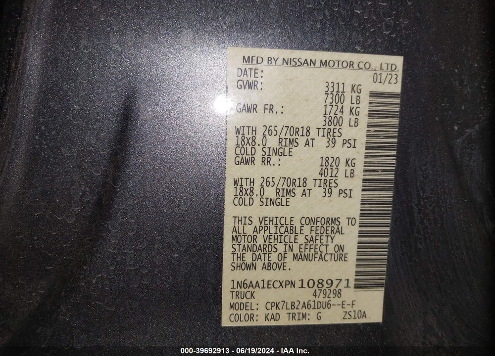 2023 NISSAN TITAN VIN: 1N6AA1ECXPN108971