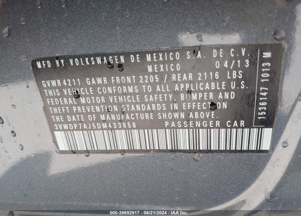 2013 VOLKSWAGEN JETTA 2.5L SE VIN: 3VWDP7AJ5DM433858