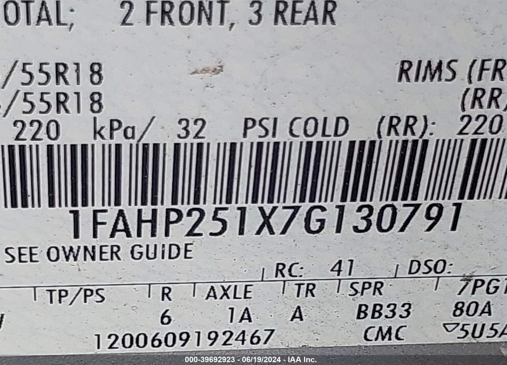 2007 FORD FIVE HUNDRED LIMITED VIN: 1FAHP251X7G130791