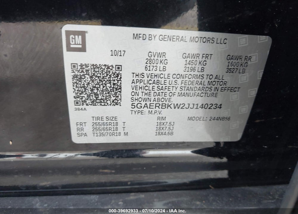 2018 BUICK ENCLAVE ESSENCE VIN: 5GAERBKW2JJ140234