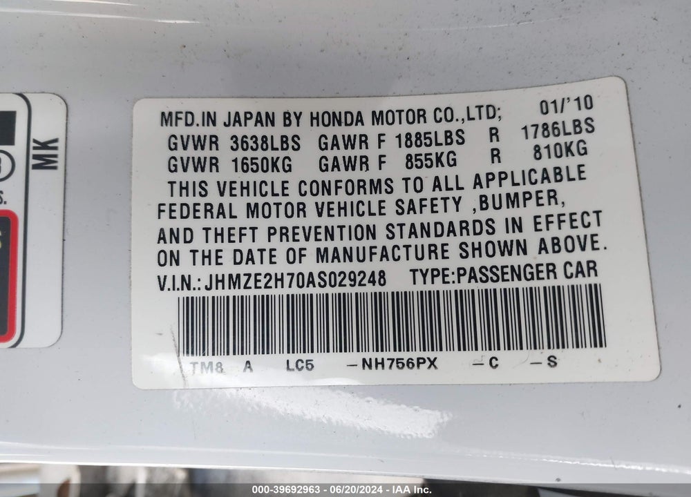 2010 HONDA INSIGHT EX VIN: JHMZE2H70AS029248