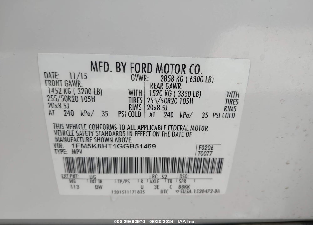 2016 FORD EXPLORER PLATINUM VIN: 1FM5K8HT1GGB51469