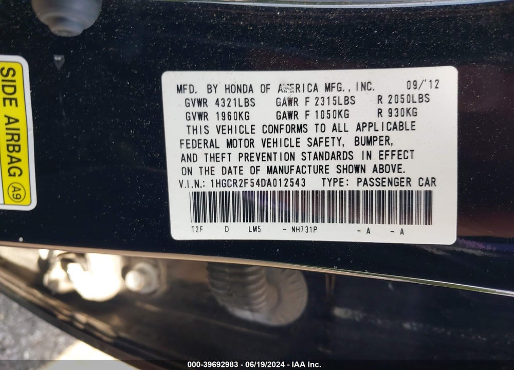 2013 HONDA ACCORD SPORT VIN: 1HGCR2F54DA012543