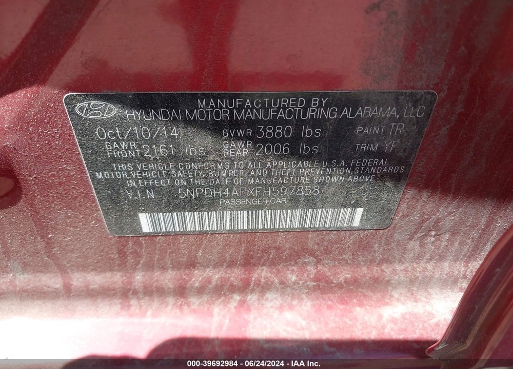 2015 HYUNDAI ELANTRA SE VIN: 5NPDH4AEXFH597858