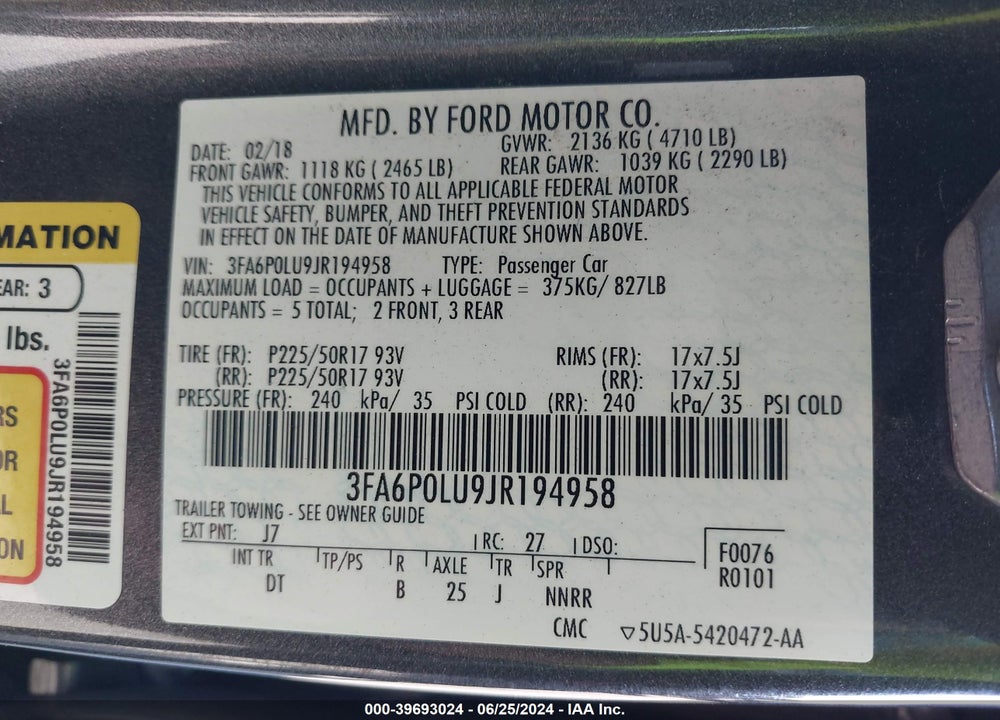 2018 FORD FUSION HYBRID SE VIN: 3FA6P0LU9JR194958