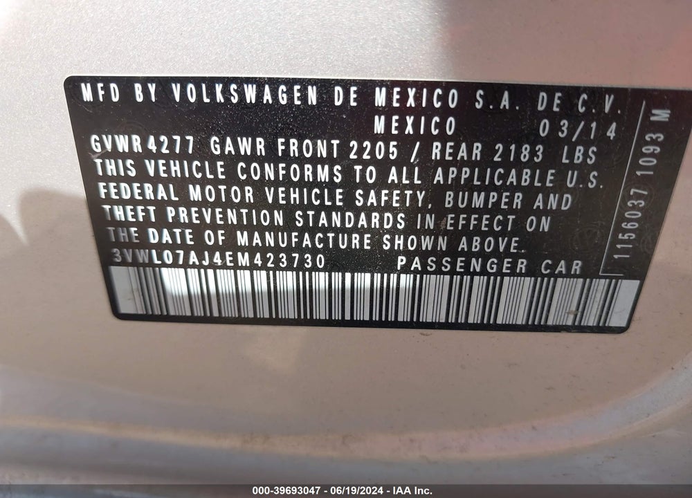 2014 VOLKSWAGEN JETTA 1.8T SEL VIN: 3VWL07AJ4EM423730