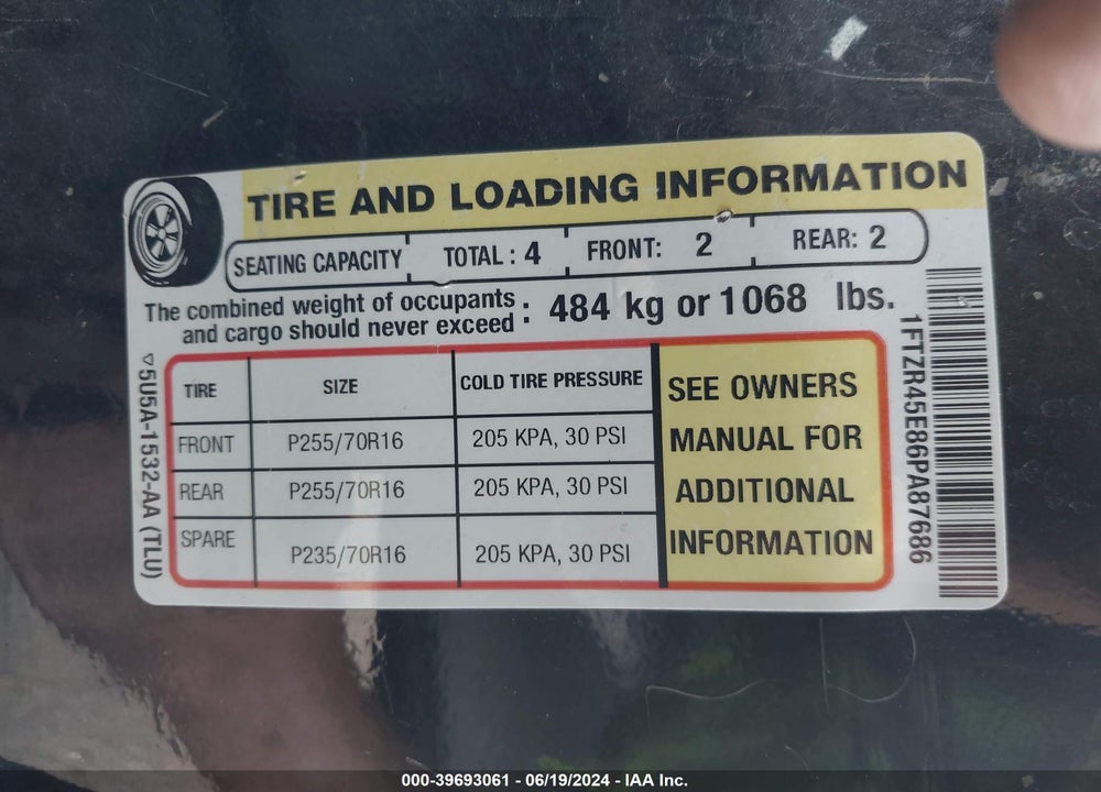2006 FORD RANGER FX4 LEVEL II/FX4 OFF-ROAD/SPORT/XLT VIN: 1FTZR45E86PA87686