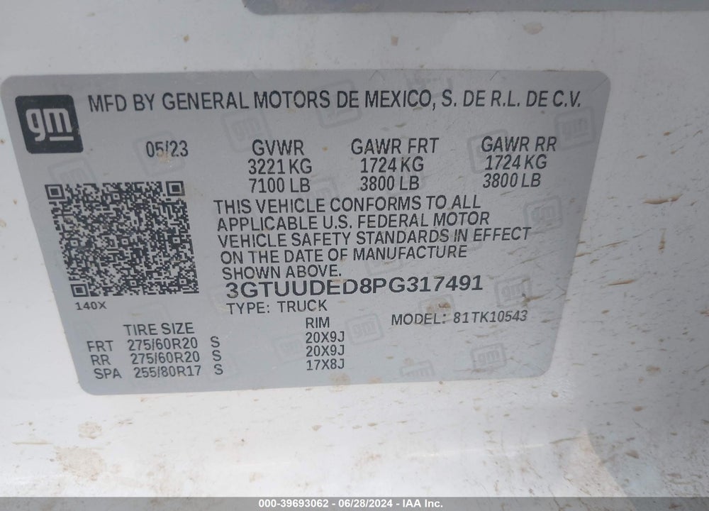 2023 GMC SIERRA 1500 SLT VIN: 3GTUUDED8PG317491