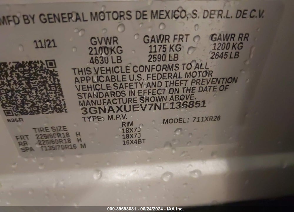 2022 CHEVROLET EQUINOX AWD LT VIN: 3GNAXUEV7NL136851