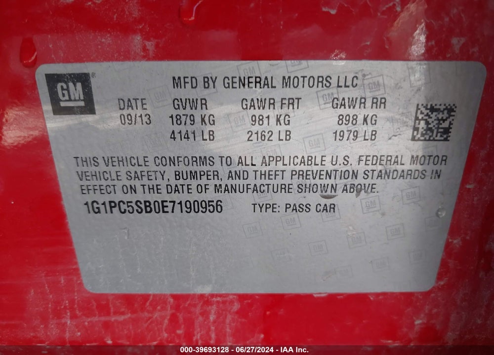 2014 CHEVROLET CRUZE 1LT AUTO VIN: 1G1PC5SB0E7190956