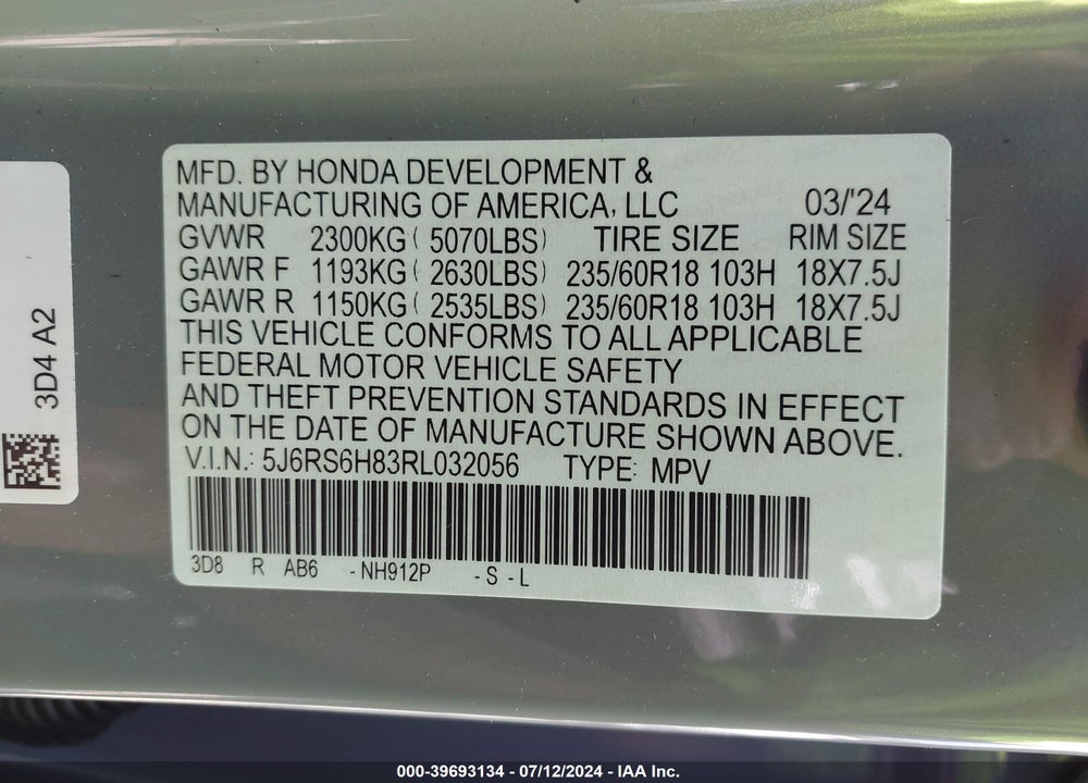 2024 HONDA CR-V HYBRID SPORT-L VIN: 5J6RS6H83RL032056