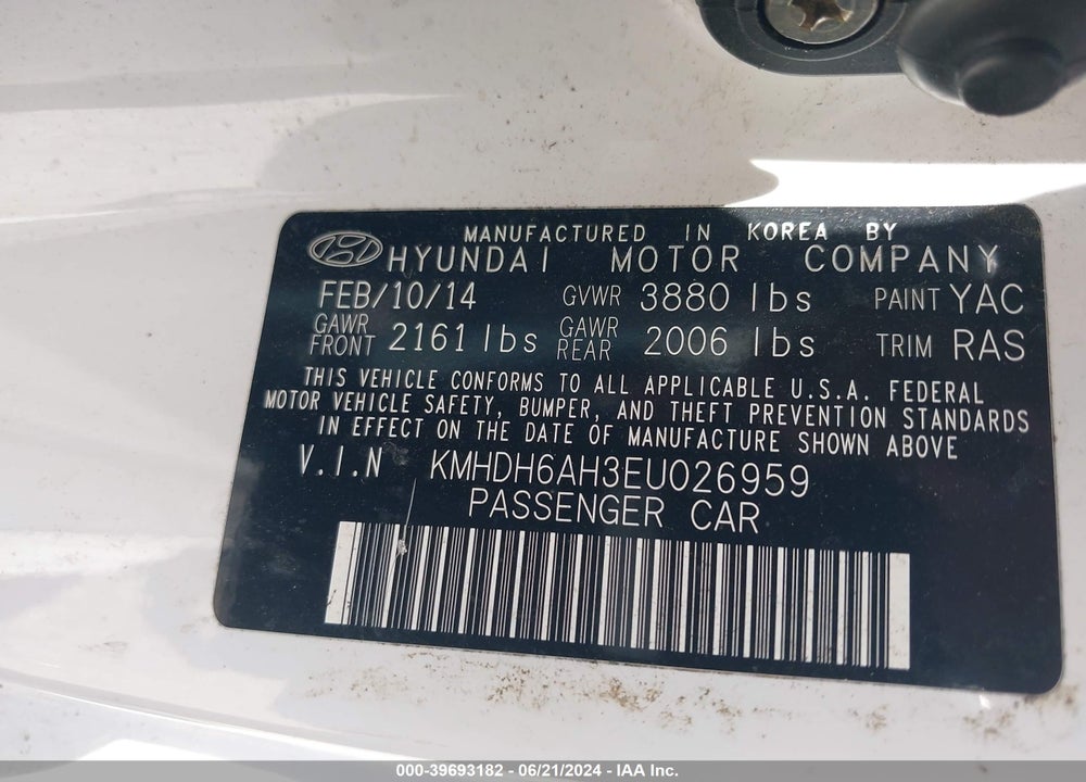 2014 HYUNDAI ELANTRA VIN: KMHDH6AH3EU026959