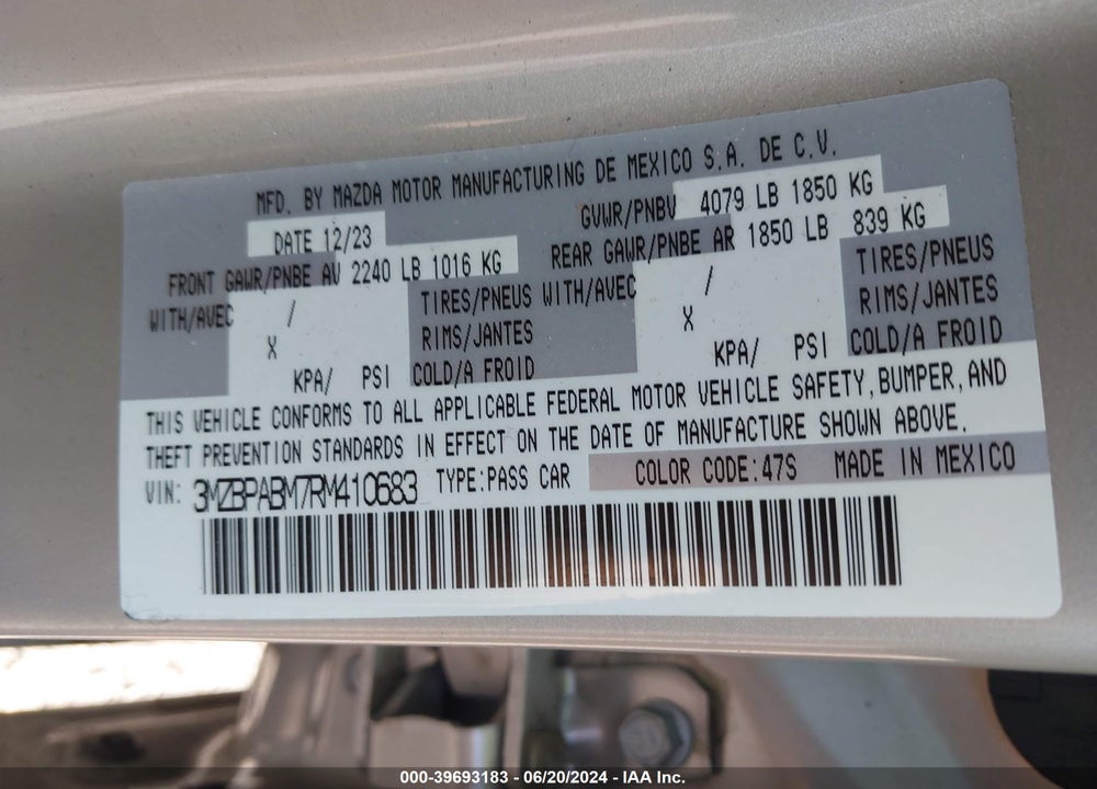 2024 MAZDA 3 2.5 S SELECT SPORT VIN: 3MZBPABM7RM410683