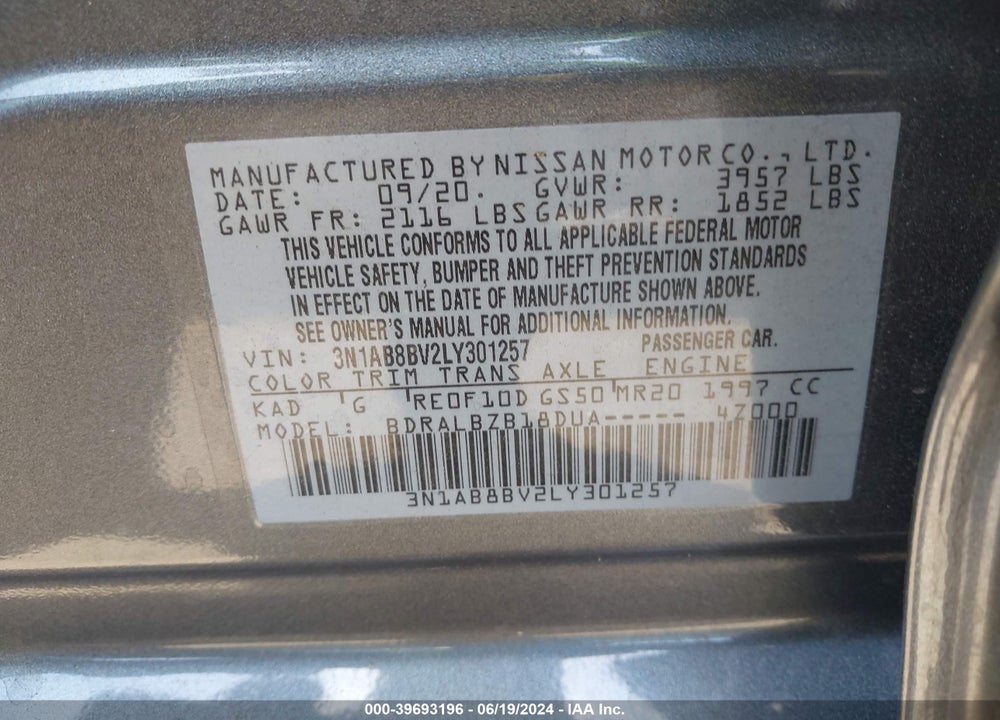 2020 NISSAN SENTRA S XTRONIC CVT VIN: 3N1AB8BV2LY301257