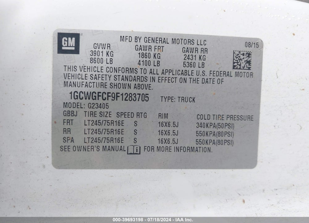 2015 CHEVROLET EXPRESS 2500 WORK VAN VIN: 1GCWGFCF9F1283705
