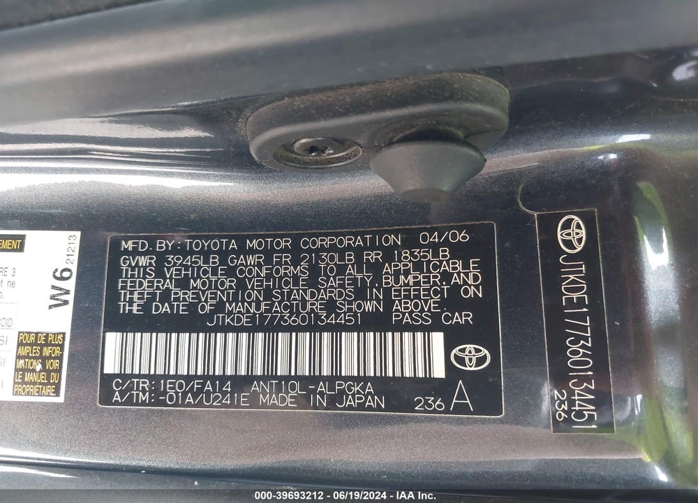 2006 SCION TC VIN: JTKDE177360134451