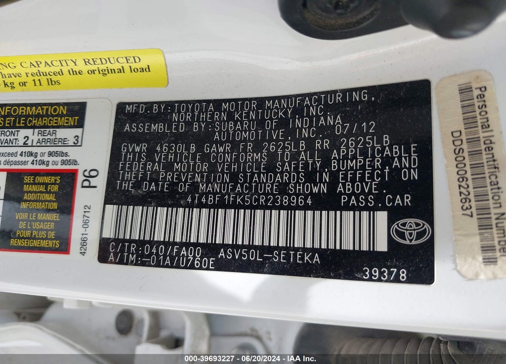 2012 TOYOTA CAMRY L VIN: 4T4BF1FK5CR238964