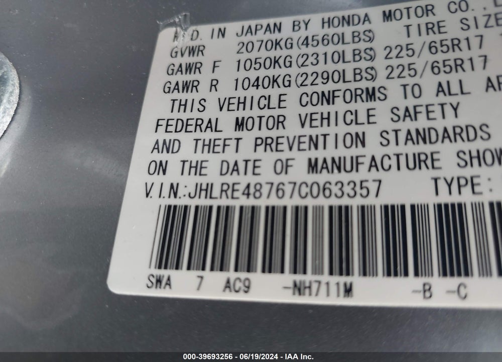 2007 HONDA CR-V EX-L VIN: JHLRE48767C063357