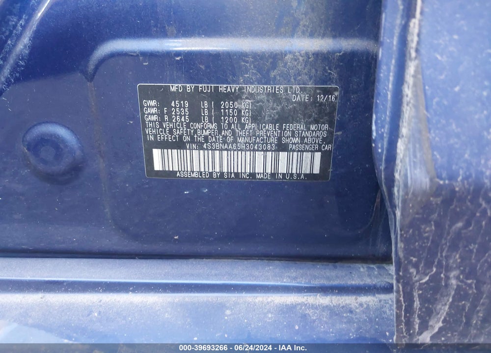 2017 SUBARU LEGACY 2.5I VIN: 4S3BNAA65H3043083