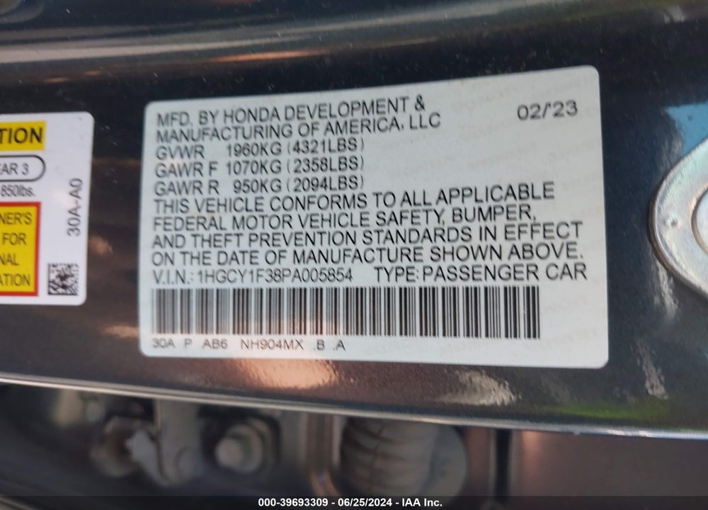 2023 HONDA ACCORD EX VIN: 1HGCY1F38PA005854