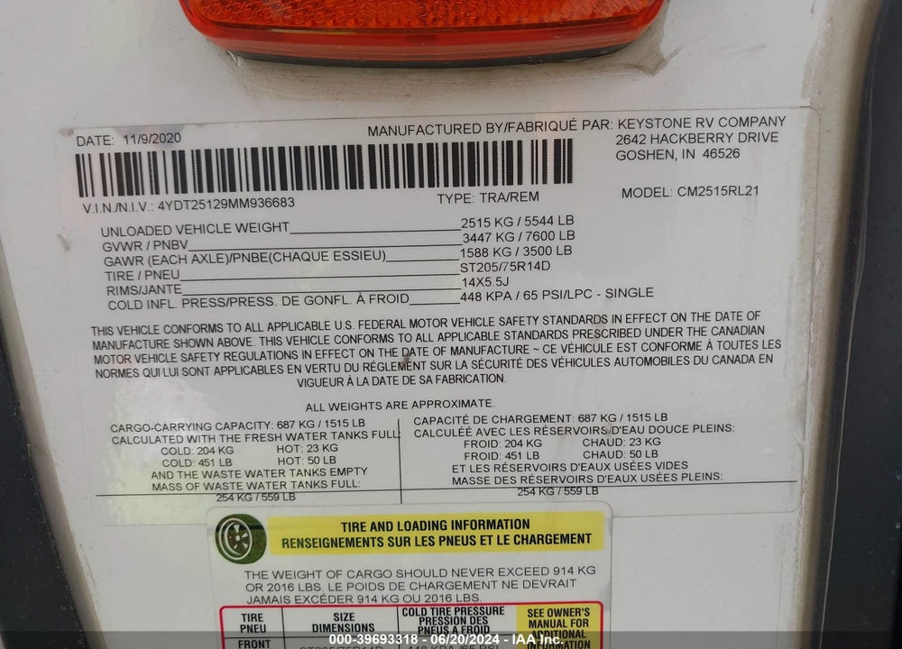 2021 CMN LIGHT 2515RL VIN: 4YDT25129MM936683