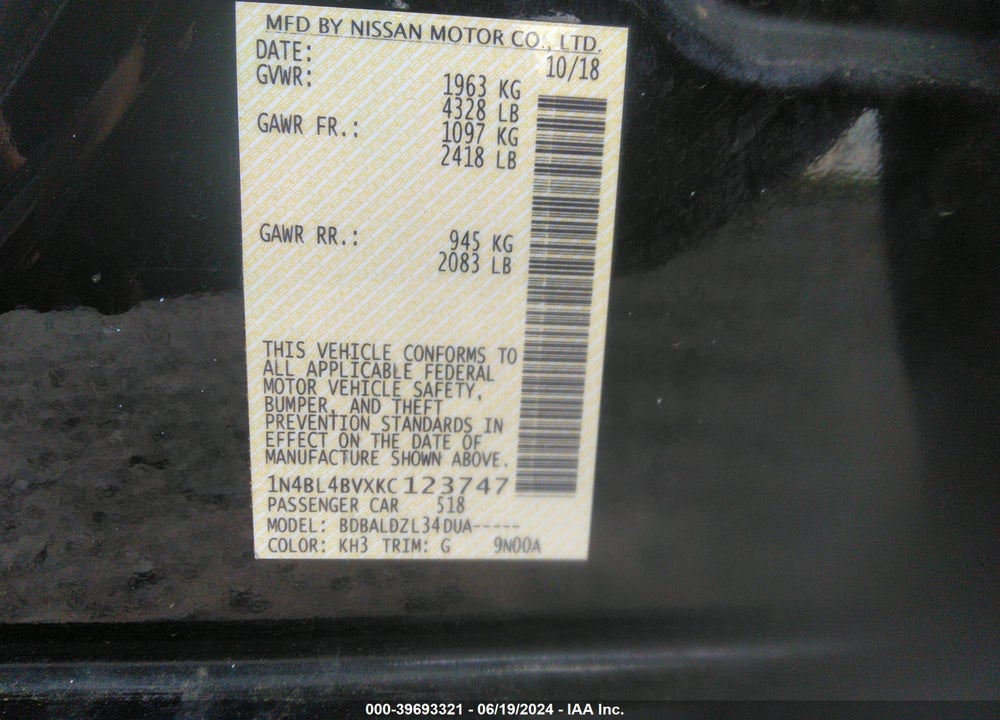 2019 NISSAN ALTIMA 2.5 S VIN: 1N4BL4BVXKC123747